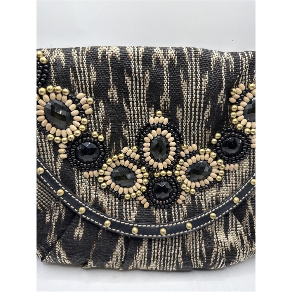 Rafe Large Beaded Clutch Handbag Leather Stones 12x9 Chain Strap - Picture 4 of 14